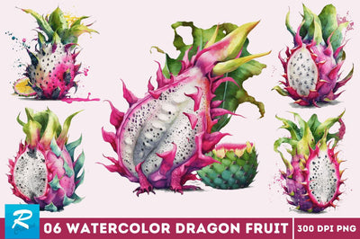 Watercolor Dragon Fruit Clipart Bundle Sublimation Regulrcrative 