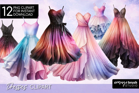 Watercolor Dress Clipart Bundle, Party Dress Sublimation Sublimation OrangeBrushStudio 