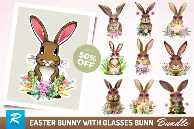 Watercolor Easter Bunny with Glasses Bunny Clipart Bundle Sublimation Regulrcrative 