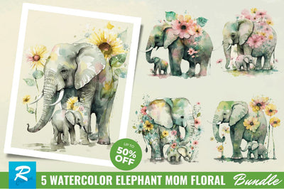 Watercolor Elephant Mom Floral Sublimation Clipart Bundle Sublimation Regulrcrative 