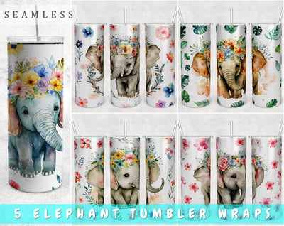 Watercolor Elephant Tumbler Wraps Bundle, 20 Oz Skinny Tumbler Elephant Sublimation Designs, Seamless Elephant PNG, 5 Designs Sublimation HappyDesignStudio 