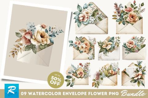 Watercolor Envelope flower Clipart Bundle Sublimation Regulrcrative 