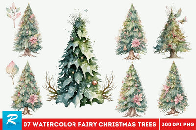 Watercolor Fairy Christmas Trees Clipart Bundle Sublimation Regulrcrative 