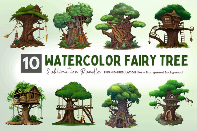 Watercolor Fairy Tree Clipart Bundle Sublimation Regulrcrative 