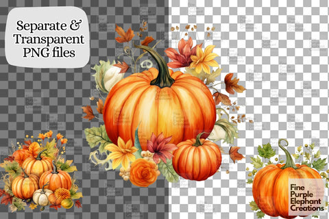 Watercolor Fall Autumn Pumpkins Sublimation Fine Purple Elephant Creations 