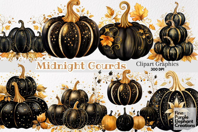 Watercolor Fall Black Gold Pumpkins Sublimation Fine Purple Elephant Creations 