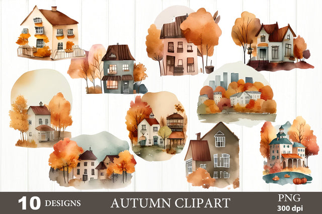 Watercolor Fall City Landscape Clipart PNG Sublimation Olga Terlyanskaya 