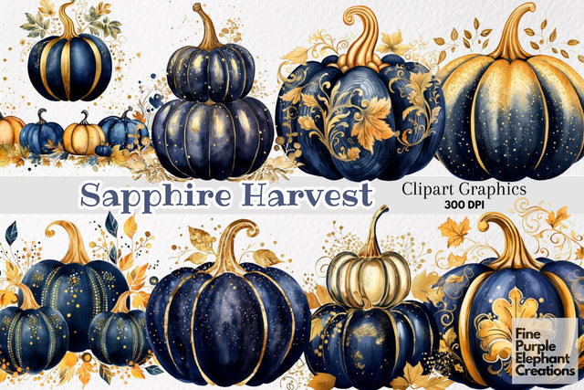 Watercolor Fall Navy Blue Gold Pumpkins Sublimation Fine Purple Elephant Creations 
