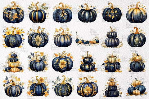 Watercolor Fall Navy Blue Gold Pumpkins Sublimation Fine Purple Elephant Creations 