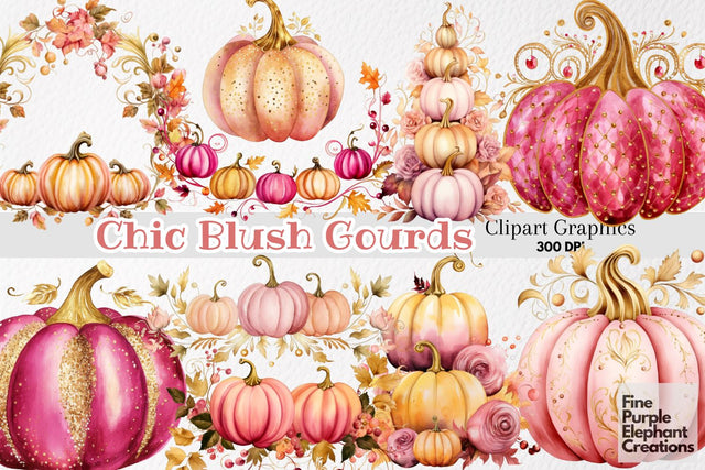 Watercolor Fall Pink Gold Pumpkins Sublimation Fine Purple Elephant Creations 