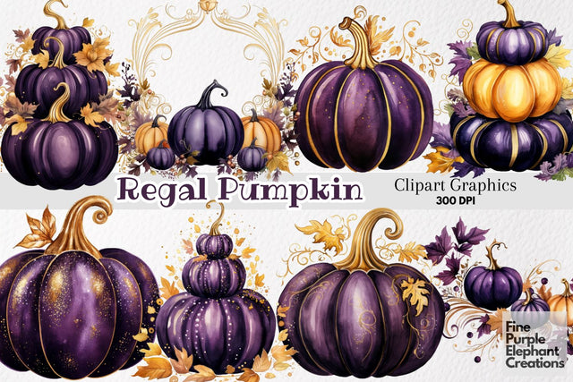 Watercolor Fall Purple Gold Pumpkins Sublimation Fine Purple Elephant Creations 
