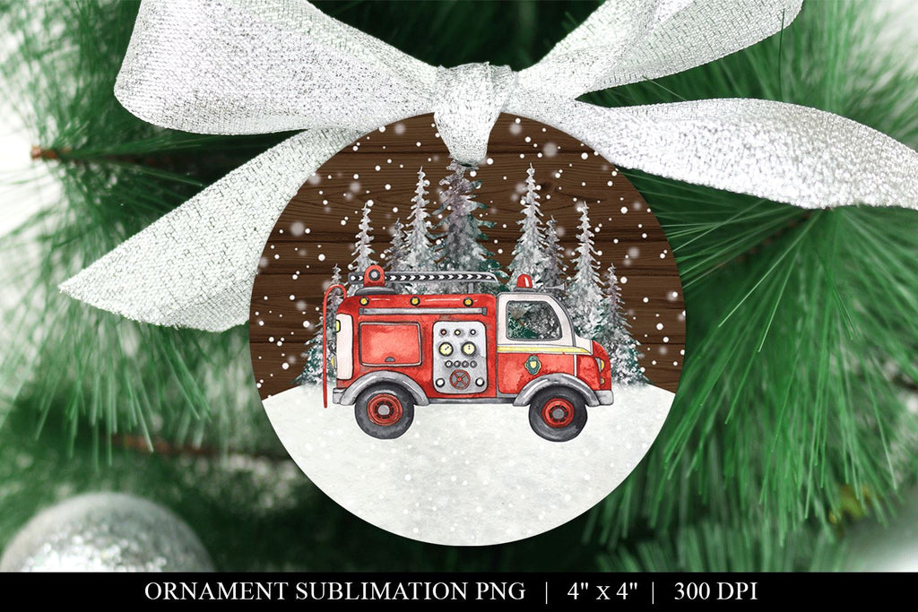 Watercolor Fire Engine Christmas Ornament Sublimation PNG - So Fontsy