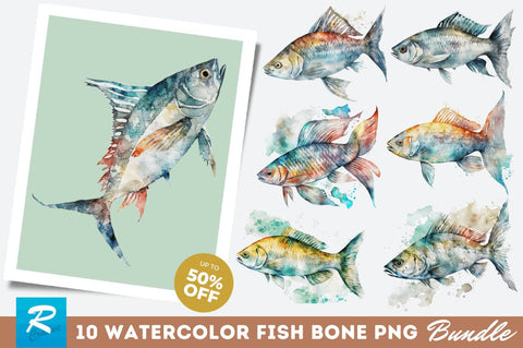 Watercolor Fish Bone Clipart Bundle Sublimation Regulrcrative 