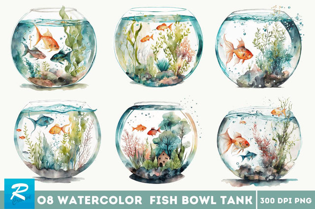 Watercolor Fish Bowl Tank Clipart Bundle Sublimation Regulrcrative 