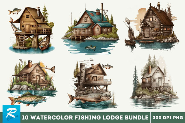 Watercolor Fishing Lodge Clipart Bundle Sublimation Regulrcrative 