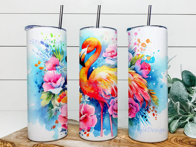 Watercolor Flamingo With Flowers 20oz Skinny Tumbler Png, Pink Flamingo With Flowers Tumbler, Background Blue Tropical Flowers, Pink Flamingo Tumbler, Tropical Flamingo Png Sublimation iStyleDesign 