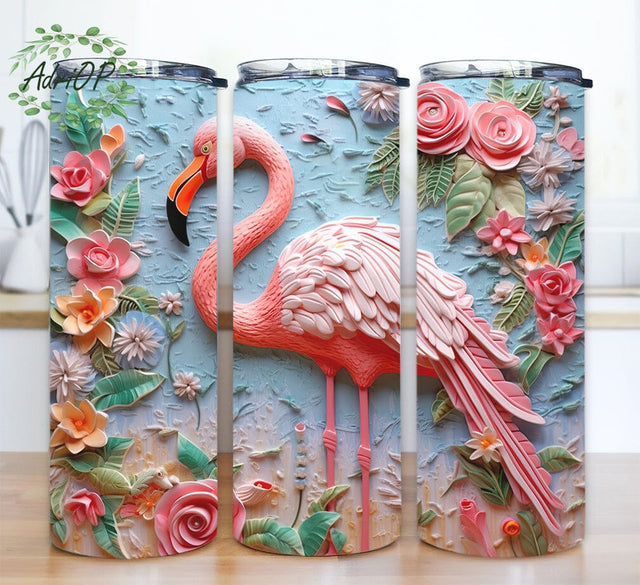 Watercolor Flamingo With Flowers 20oz Skinny Tumbler Png, Pink Flamingo With Flowers Tumbler, Tropical Flowers, Pink Flamingo Tumbler, Tropical Flamingo Sublimation Png Sublimation AdriOP 