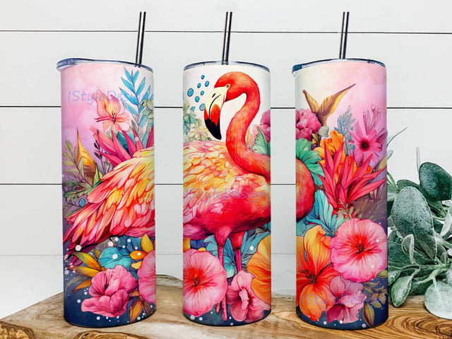 Watercolor Flamingo With Flowers 20oz Skinny Tumbler Png, Pink Flamingo With Flowers Tumbler, Tropical Flowers, Pink Flamingo Tumbler, Tropical Flamingo Sublimation Png Sublimation iStyleDesign 