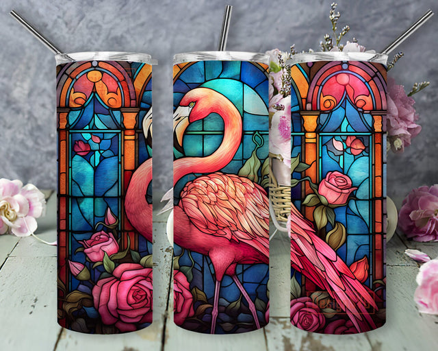 Watercolor Flamingo With Flowers 20oz Skinny Tumbler Png, Pink Flamingo With Flowers Tumbler, Tropical Flowers, Pink Flamingo Tumbler, Tropical Flamingo Sublimation Png Sublimation DesignSVG 