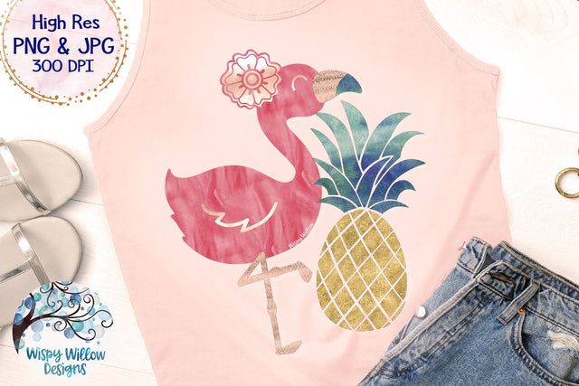 Watercolor Flamingo with Pineapple Sublimation PNG Sublimation Wispy Willow Designs 