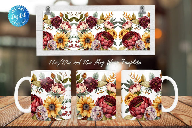 Watercolor Floral Autumn Flowers Peony Maroon 11, 12 & 15 Oz Mug Sublimation Sublimation Regulrcrative 