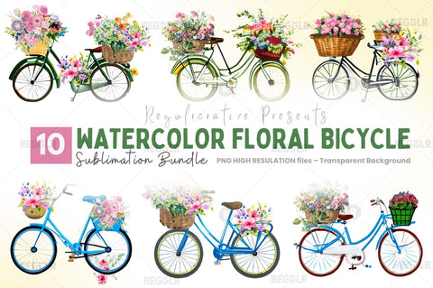 Watercolor Floral Bicycle Clipart Bundle Sublimation Regulrcrative 