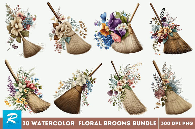 Watercolor Floral Brooms Clipart Bundle Sublimation Regulrcrative 