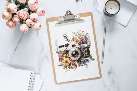 Watercolor Floral Camera Clipart Bundle Sublimation Regulrcrative 