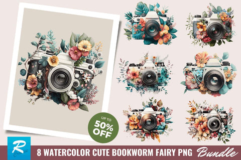 Watercolor Floral Camera Clipart Bundle Sublimation Regulrcrative 