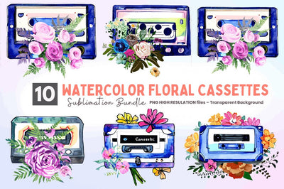 Watercolor Floral Cassettes Clipart Bundle Sublimation Regulrcrative 