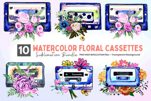 Watercolor Floral Cassettes Clipart Bundle Sublimation Regulrcrative 