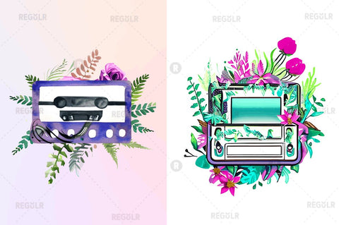 Watercolor Floral Cassettes Clipart Bundle Sublimation Regulrcrative 