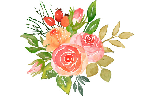 Watercolor Floral Clipart, Roses And Leaves PNG Bundle Sketch DESIGN Yuliya 