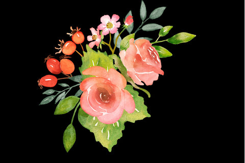 Watercolor Floral Clipart, Roses And Leaves PNG Bundle Sketch DESIGN Yuliya 