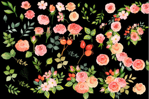 Watercolor Floral Clipart, Roses And Leaves PNG Bundle Sketch DESIGN Yuliya 