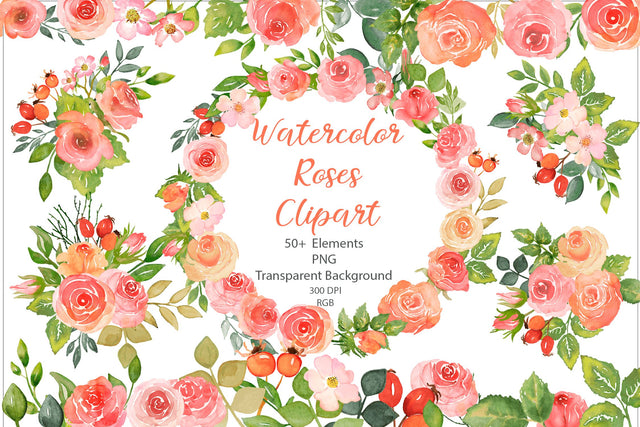 Watercolor Floral Clipart, Roses And Leaves PNG Bundle Sketch DESIGN Yuliya 