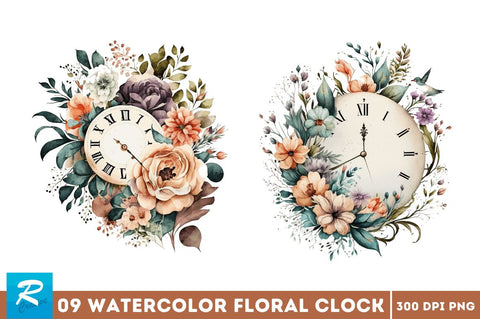 Watercolor Floral Clock Clipart Bundle Sublimation Regulrcrative 