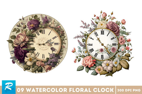 Watercolor Floral Clock Clipart Bundle Sublimation Regulrcrative 