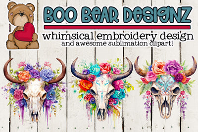 Watercolor Floral Cow Skull Clipart Sublimation Boo Bear Designz 