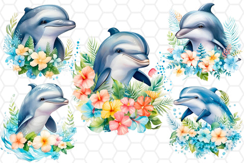 Watercolor Floral Dolphin Clipart PNG Sublimation DreanArtDesign 