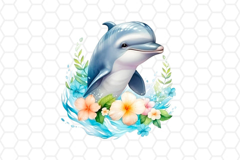 Watercolor Floral Dolphin Clipart PNG Sublimation DreanArtDesign 