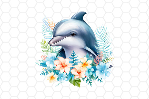 Watercolor Floral Dolphin Clipart PNG Sublimation DreanArtDesign 