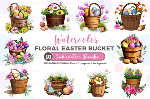 Watercolor Floral Easter Bucket Clipart Bundle Sublimation Regulrcrative 