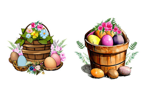 Watercolor Floral Easter Bucket Clipart Bundle Sublimation Regulrcrative 