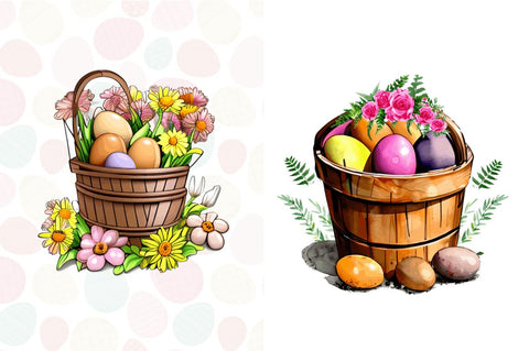 Watercolor Floral Easter Bucket Clipart Bundle Sublimation Regulrcrative 