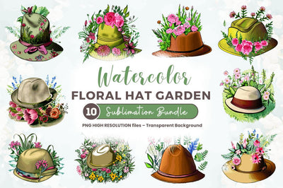 Watercolor Floral Hat Garden Clipart Bundle Sublimation Regulrcrative 