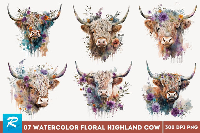 Watercolor Floral Highland Cow Bundle Sublimation Regulrcrative 