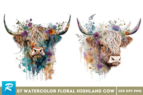 Watercolor Floral Highland Cow Bundle Sublimation Regulrcrative 