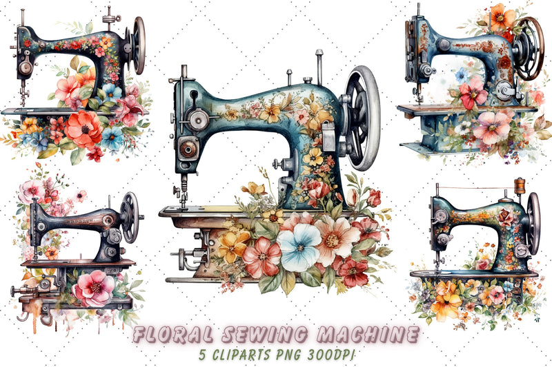 Watercolor Floral Sewing Machine Clipart Bundle, Sublimation, Floral Sewing Machine Sublimation FloridPrintables 