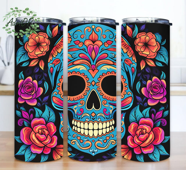 Watercolor Floral Skull 20oz Skinny Tumbler Wrap, Watercolor Splash, Skull Flowers Tumbler, Flowers Skull Tumbler Wrap Png, Skull Roses Tumbler, Halloween Skull Tumbler Png Sublimation AdriOP 